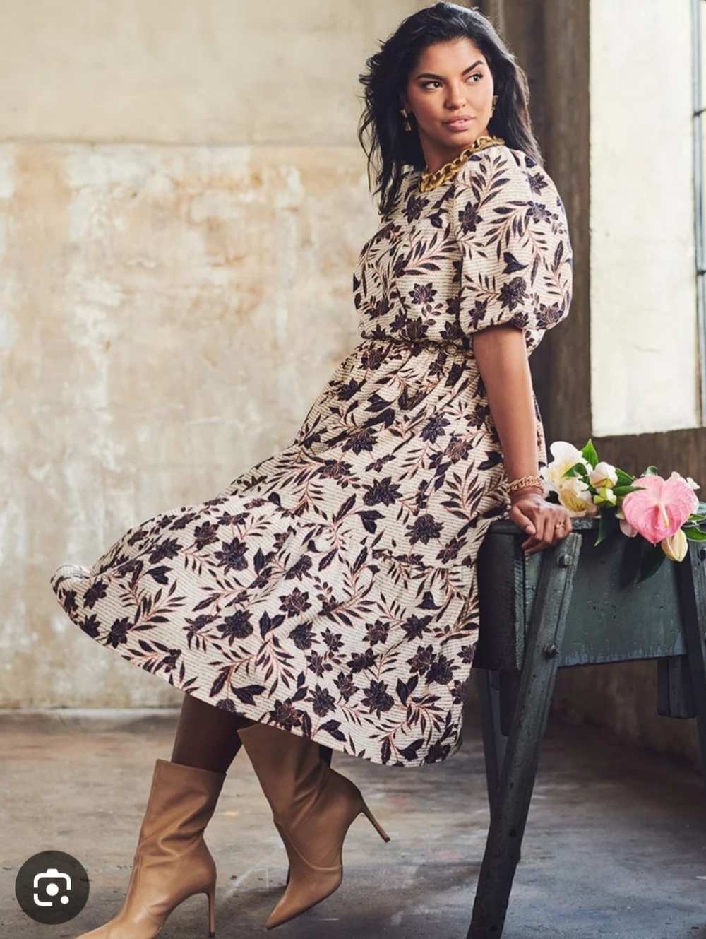 Eloquii Cream Midi Dress with Black Floral Print